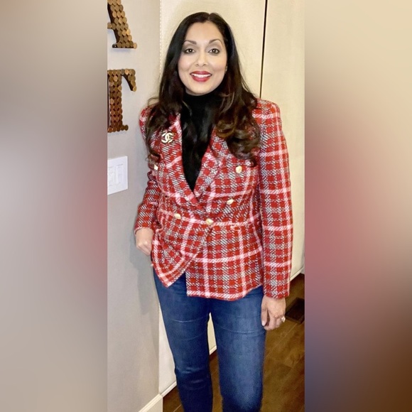 Zara red tweed plaid double breasted jacket. Size M - Picture 1 of 11